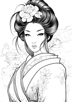 Tattoo template of a geisha with peonies in her hair