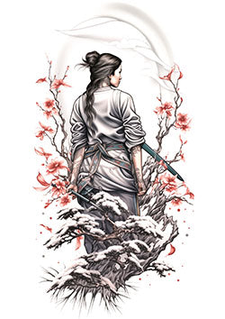 Tattoo template of a woman with cherry blossoms and a sword