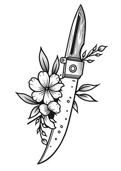 Tattoo template of a knife entwined with blooming flowers and leaves