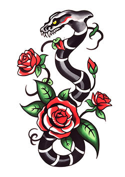 Tattoo template of a black snake coiled around vibrant red roses