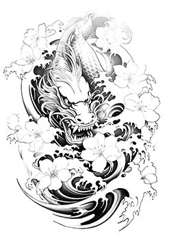 Tattoo template of a dragon surrounded by flowers