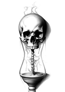 Tattoo template of a skull in an hourglass with fluid mechanics and a twisted column