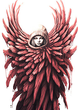 Tattoo template of a hooded woman engulfed in cascading feathers