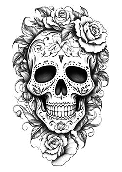 Tattoo template of a sugar skull with roses and foliage