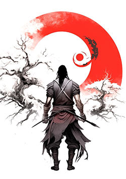 Tattoo template of a samurai with a red moon background