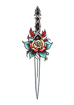 Tattoo template of a sword with a rose and vibrant leaves intertwined