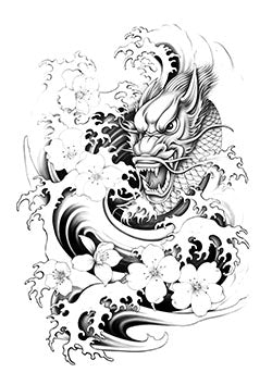 Tattoo template of a dragon with cherry blossoms