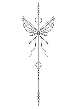 Tattoo template of a symmetrical winged line art design with flowing elements