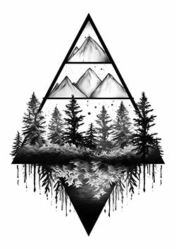 Tattoo template of a mountain and forest scene in a triangle