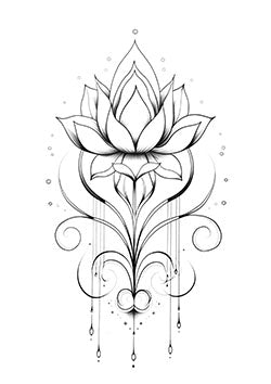 Tattoo template of a lotus flower with intricate lines and droplet accents