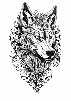 Tattoo template of a stylized wolf with decorative fur patterns