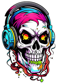 Tattoo template of a skull wearing vibrant headphones in a neon color scheme