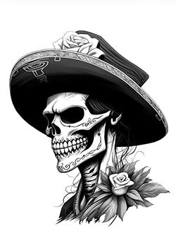 Tattoo template of a skeletal figure in a sombrero adorned with a rose.