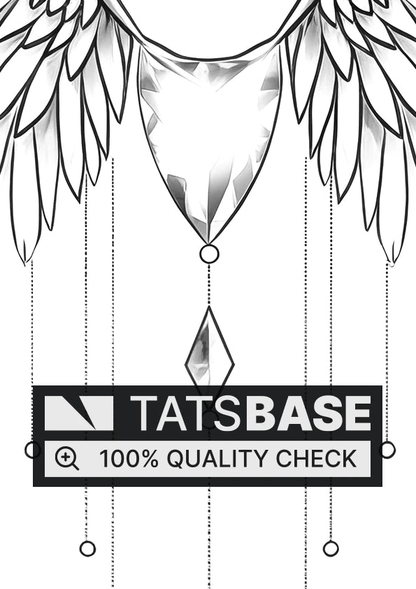 Tattoo template of a pair of elegant angel wings with gem-like pendants