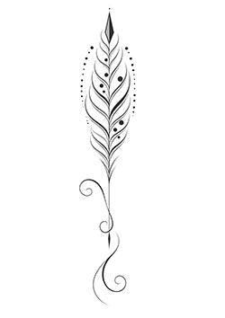 Tattoo template of a delicate feather with intricate swirls and dots