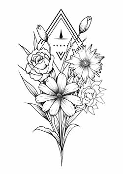 Tattoo template of a floral bouquet with geometric shapes