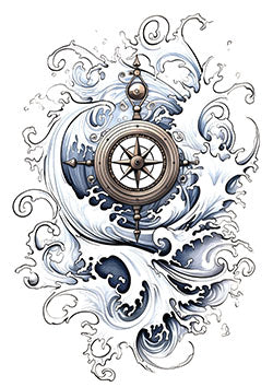 Tattoo template of a nautical compass with ocean waves