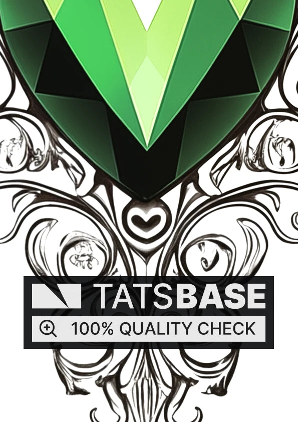 Tattoo template of a majestic emerald heart with intricate black filigree and green gem drops