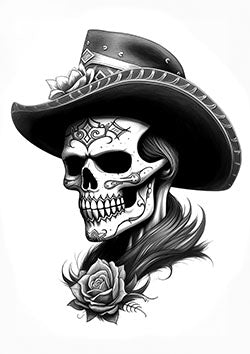 Tattoo template of a sugar skull with a cowboy hat and a rose