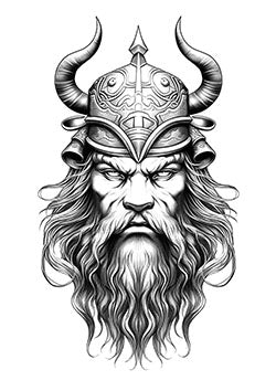 Tattoo template of a fierce Viking warrior with a long beard and horned helmet