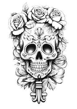 Tattoo template of a sugar skull with roses