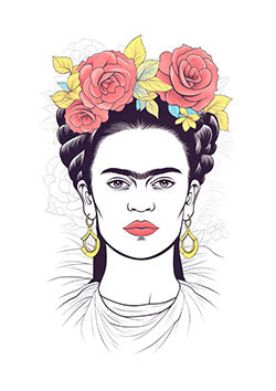 Tattoo template of a woman with flowers in her hair and wearing bold earrings.