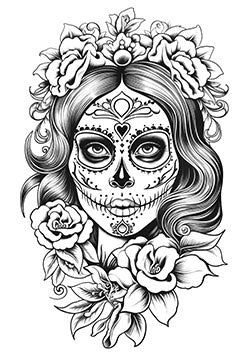 Tattoo template of a Day of the Dead inspired skull with floral adornments