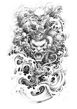 Tattoo template of swirling dragons and skulls