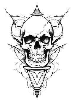 Tattoo template of a menacing skull with cracks and branches in a geometric design