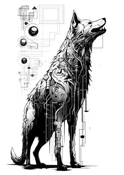 Tattoo template of a cybernetic wolf with geometric elements