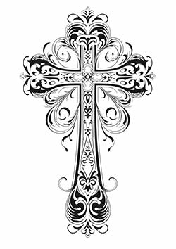 Tattoo template of an ornate filigree cross design.