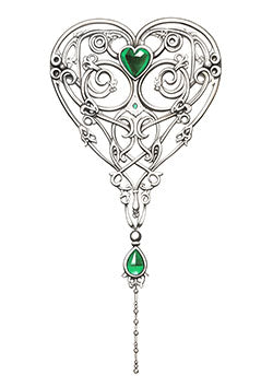 Tattoo template of a detailed ornamental heart design with green emerald stones