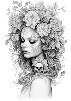 Tattoo template of a woman's profile with roses and leaves, merging with a skull