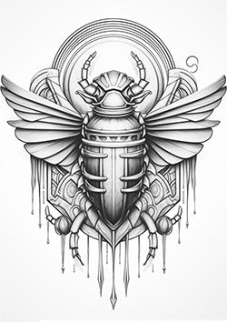 Tattoo template of a mechanical scarab with wings against a geometric background