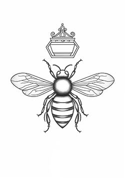 Tattoo template of a bee with intricate wings under an elegant crown