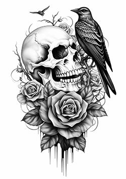 Tattoo template of a detailed skull with roses and a raven perched on it, symbolizing mortality and nature's beauty.