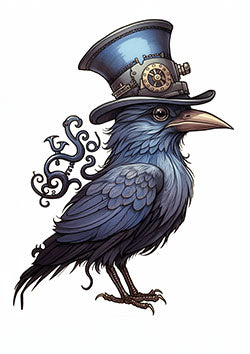 Tattoo template of a blue raven with a steampunk top hat and gears