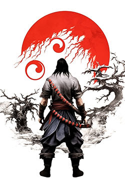 Tattoo template of a Samurai with a red sun backdrop and a twisting tree