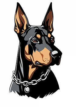 Tattoo template of a Doberman dog in a chain collar looking alert and protective