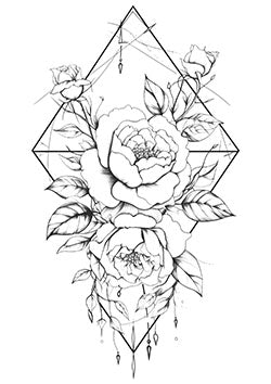 Tattoo template of a peony with geometric patterns and ornaments