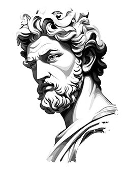 Tattoo template of a classical bearded statue of a man exuding wisdom and contemplation