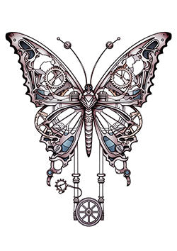 Tattoo template of a steampunk butterfly with gears and cogs