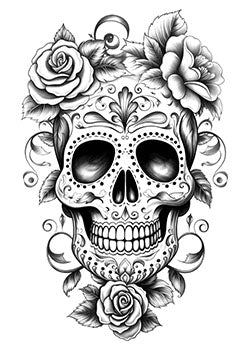 Tattoo template of a sugar skull with roses and decorative elements