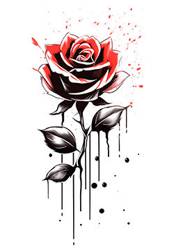 Tattoo template of a red and black rose with dripping ink details