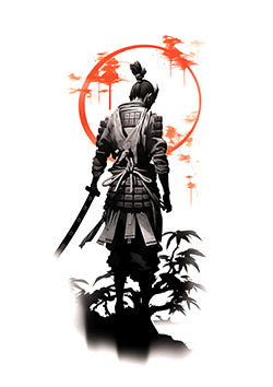 Tattoo template of a samurai silhouette with a rising sun and bamboo