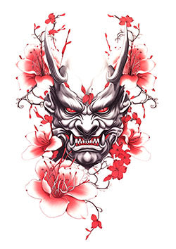 Tattoo template of an oni demon with surrounding flowers