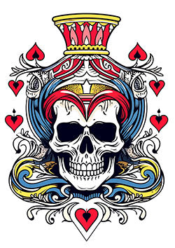 Tattoo template of a skull with a crown and heart designs