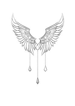 Tattoo template of a pair of angel wings with hanging jewels