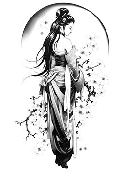 Tattoo template of a graceful woman with cherry blossoms