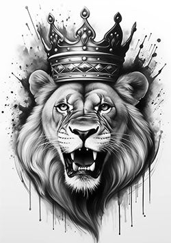 Tattoo template of a crowned lion with a powerful expression